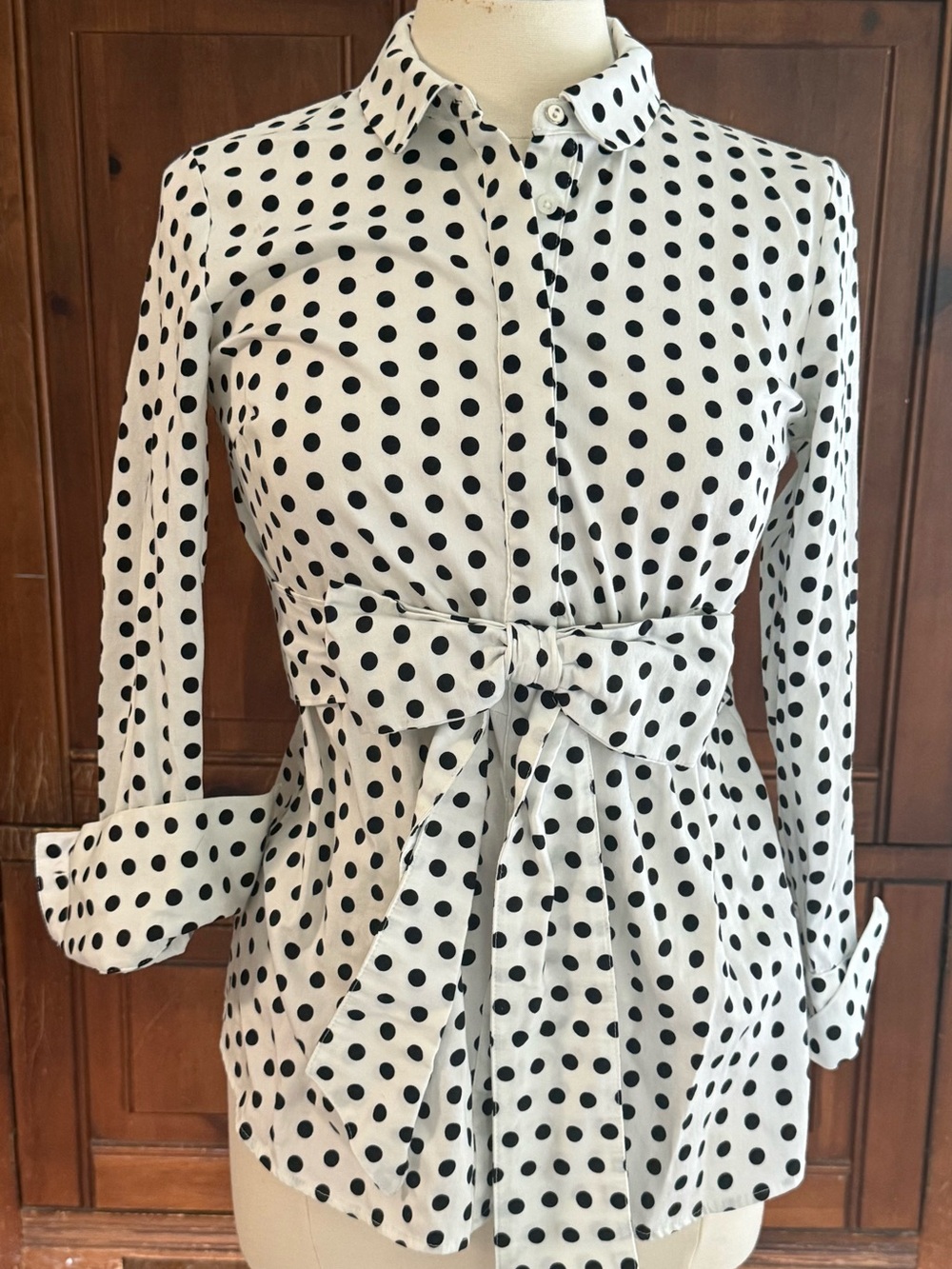 ELLE Women’s Polka Dot Belted Button-Front Blouse – Size Small